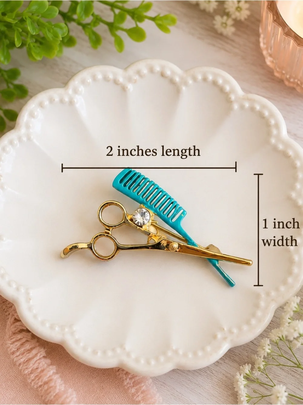 Gold Hair Scissors & Teal Comb Hair Accessory Set Brooch